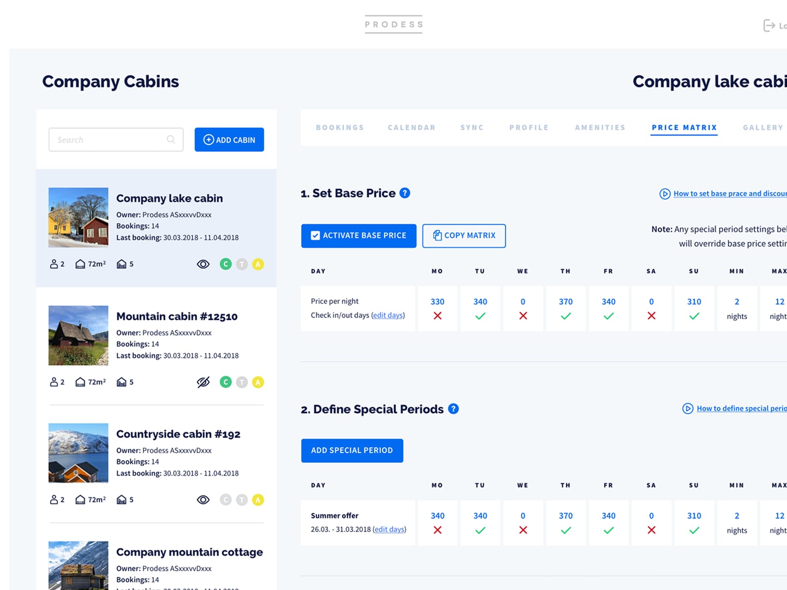 MinFirmahytte internal admin dashboard Price Matrix screen for setting per-day base pricing and special-period overrides on a company cabin