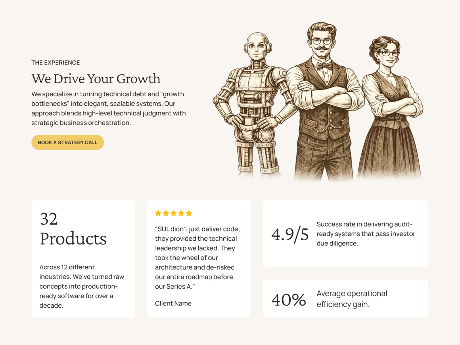 Stiff Upper Lip "We Drive Your Growth" section featuring the Victorian-engraved robot, craftsman, and analyst characters alongside client outcome stats