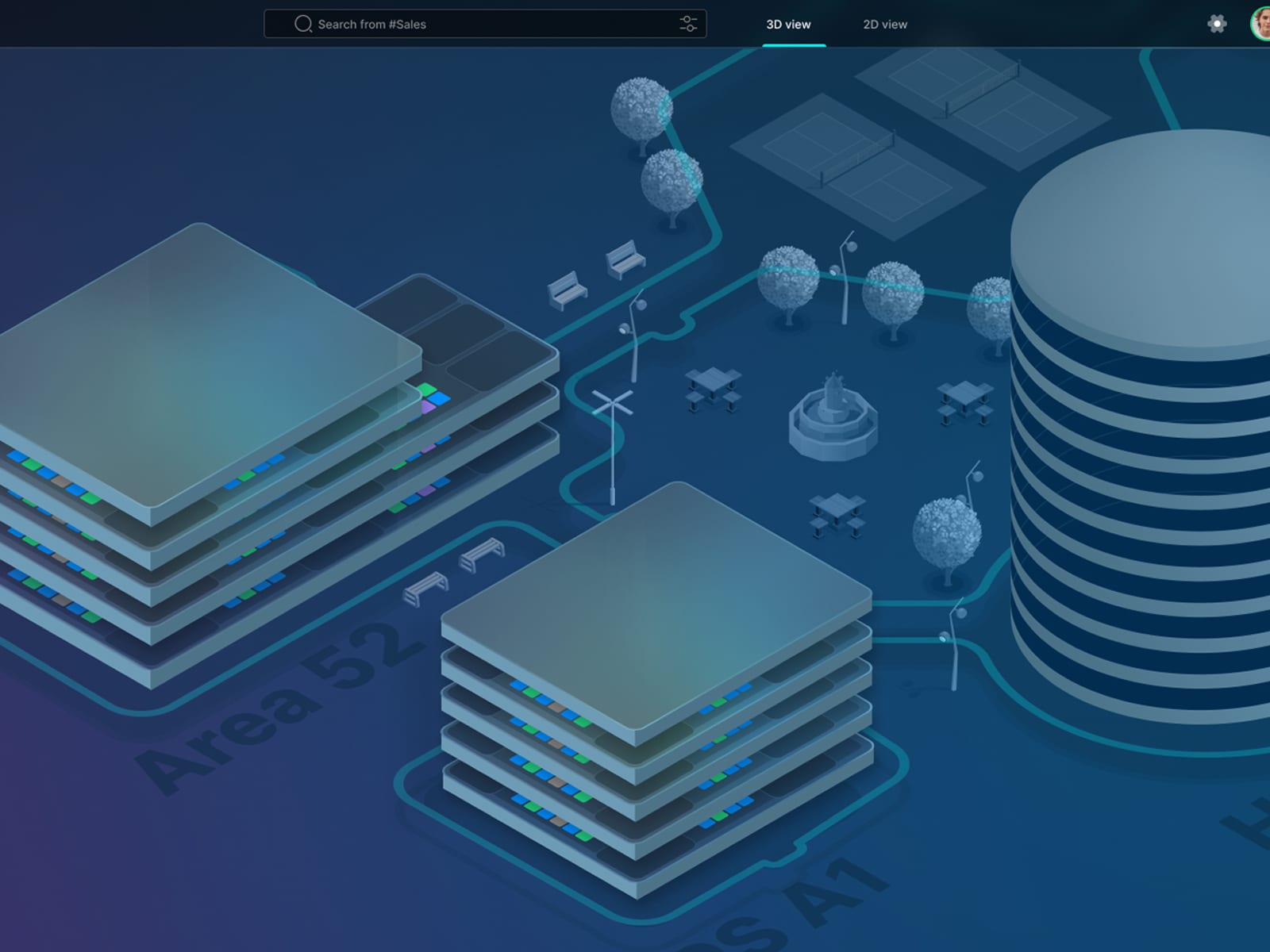 Isometric 3D illustration of the Swivel virtual office campus, showing two office buildings, a park, tennis courts, and a central tower
